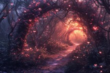 Mysterious Path In The Misty Forest With Red Hearts.
