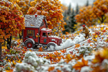 A Miniature Model Of A Fire Truck With A Fire Engine On The Background Of A Red Maple Tree Covered With Snow.