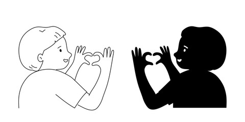 Hand drawn of child boy doing heart hands in silhouette and outline vector.