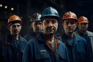 a group of factory workers wearing hard hats and safety uniforms, smiling together. portraying indus