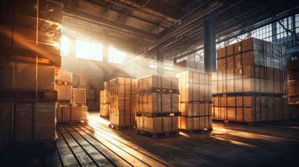 Wall Mural - Retail warehouse full of shelves with goods in cardboard boxes, logistics center, moving inventory using pallet trucks and forklifts. Product delivery center.