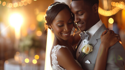 Wall Mural - Black couple embracing each other during the first dance on their wedding reception.