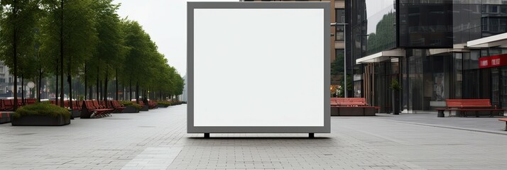 A blank billboard in an urban setting, waiting for advertisement, with trees and benches.