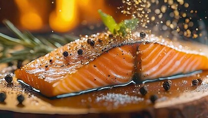 close up sear salmon fillet with spice and salt sprinkle, hot heat smoke flame