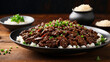 a delectable visual narrative with a side view of a plate featuring Mongolian Beef the wooden table provide a warm backdrop to the glistening beef