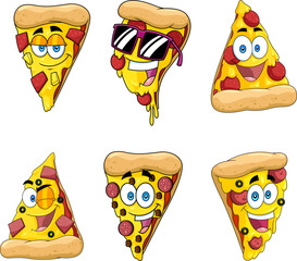 Wall Mural - Pizza Slice Cartoon Characters. Vector Hand Drawn Collection Set Isolated On Transparent Background