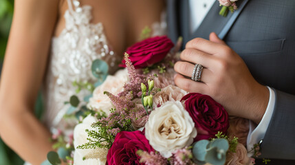 Wall Mural - Wedding details of bride and groom while taking photos. Lovely rose bouquet in front.