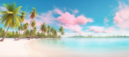 Sticker - A beach with clear light blue water and clear skies and palm trees on the edge