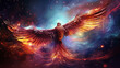 Adorable phoenix bird with majestic wings spread graces fantastical cosmic landscape signifies eternal cycle of renewal, mystical journey and symbolism of rebirth and reincarnation