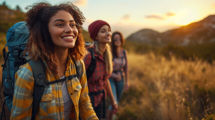 best friends hiking in the mountains. young women walking together.
