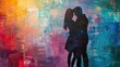 Silhouette of couple in love on multicolored background