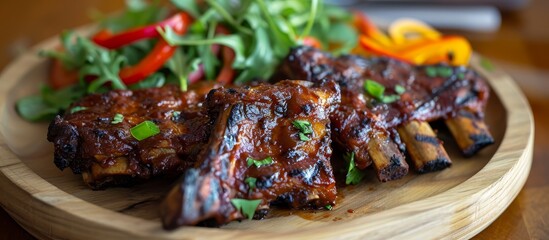 Wall Mural - Grilled ribs served with peppers and a green salad on a savory plate.