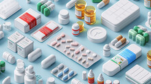 Pharmaceutical Packaging Style And Variety Laid Out On Solid Background.