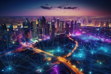 Wall Mural - Smart city network interconnection, AI generation