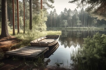 Wall Mural - A boat by a lake in a forest, AI generated