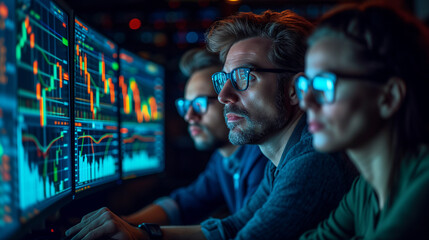 Wall Mural - Financial analysts looking at charts on computer monitors.