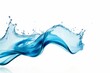 Blue water swirl splash with little bubbles on clear isolated white background, liquid flowing in form of wave