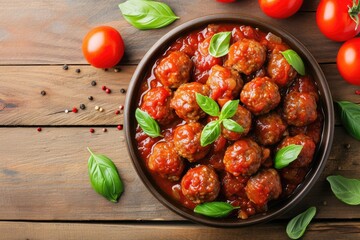 Wall Mural - Top down view of meatballs in tomato sauce topped with basil served in a wooden bowl on a studio table