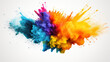 A dynamic burst of colorful powder against a stark white background.