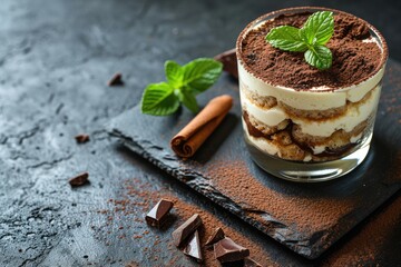 Sticker - Tiramisu with chocolate sauce in a glass on a rustic background