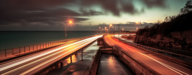 Poster - Beautiful car light trails on the road at night