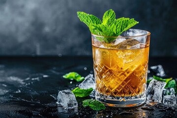 Poster - Bourbon and mint mixed in a glass with ice on a dark background