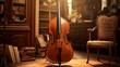 a lone cello sitting on an old wooden chair in a pleasant, inviting space that is softly lit

