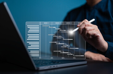 Analyst working in Business Analytics and Data Management System to make reports with KPI and metrics related to databases. Gantt chart schedule for task plan, finance, operations, sales, marketing.