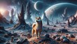 A photorealistic image of a Mame Shiba Inu wandering on an unknown planet, surrounded by alien landscapes and bizarre formations.