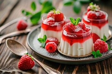 Canvas Print - Panna cotta dessert with strawberry jelly on wooden background representing holiday food Focused