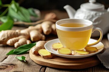 Sticker - Front view of wooden table in kitchen with cup of ginger drink teapot and ginger root