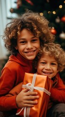 Sticker - Two boys holding a gift box in front of a christmas tree. Generative AI.