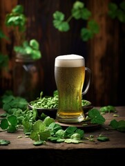 Canvas Print - St patrick's day beer glass with shamrock leaves. Generative AI.