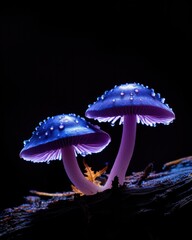 Canvas Print - Two purple mushrooms are sitting on a log. Generative AI.