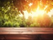 © Natalia - Wooden table with sun shining through leaves. Generative AI.