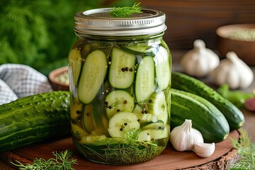 Traditional Polish dish pickled cucumbers horseradish and garlic in a glass jar