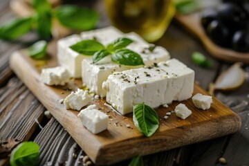Wall Mural - Famous Greek cheese Feta with olives basil on bamboo board