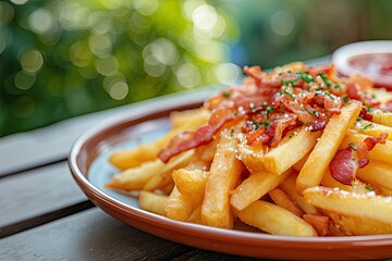 Poster - Cheesy fries with bacon on a table with a garden background