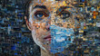 Controversial and political mosaic illustration of the close-up of a woman wearing only half of a protective mask during covid