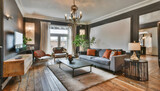Fototapeta Przestrzenne - Beautiful living room interior with hardwood floors. Generative AI.