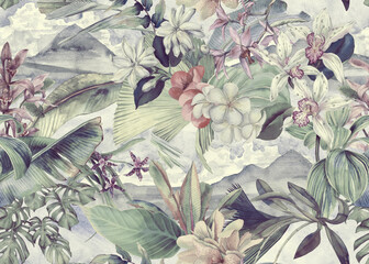 tropical pattern with flowers and leaves on the background of a landscape with mountains and sky. se