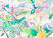 Tropical pattern with flowers and leaves on the background of a landscape with mountains and sky. Seamless wallpaper with tropical flowers and leaves