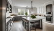 Beautiful white kitchen with dark accents in new modern farmhouse style luxury home. Generative AI.