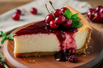 Sticker - Close up view of a cheesecake slice on a bamboo plate with berry or cherry sauce