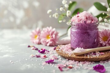 Poster - Jar of body scrub sea salt and flower petals on bright background looks boring