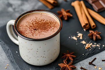 Sticker - Spicy hot chocolate with cinnamon in an enamel mug on a slate stone or concrete background