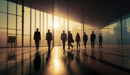 Some business people are walking in a building against the light