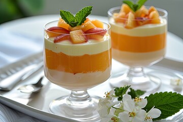 Canvas Print - Peach and yogurt mousse with jelly made from fresh peaches