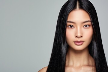 Wall Mural - Chinese girl with smooth hair undergoes keratin straightening treatment and spa procedures to maintain her beautiful shiny and straight long hair