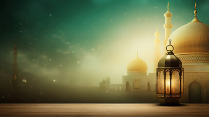 green and gold islamic background, with mosque and lantern